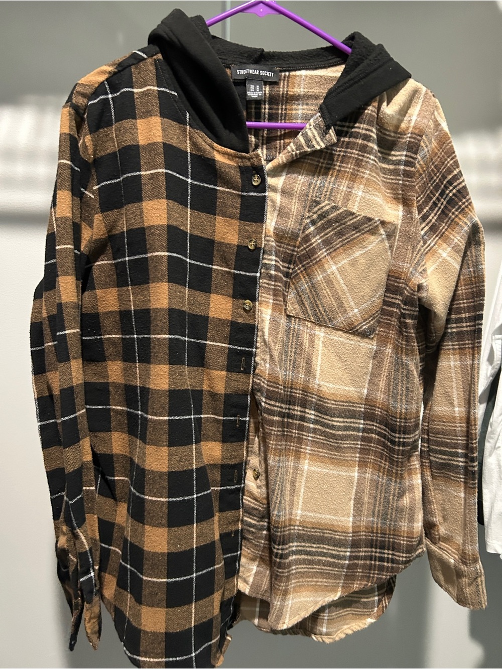 Plaid Hooded Button-Up Shirt Jacket - Brown/Black